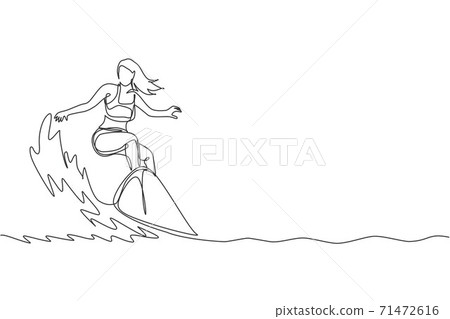 One continuous line drawing young happy tourist surfer exercising surfing on wavy ocean. Healthy extreme watersport concept. Summer holiday. Dynamic single line draw design graphic vector illustration One continuous line drawing young happy tourist surfer exercising surfing on wavy ocean. Healthy extreme watersport concept. Summer holiday. Dynamic single line draw design graphic vector illustration 71472616