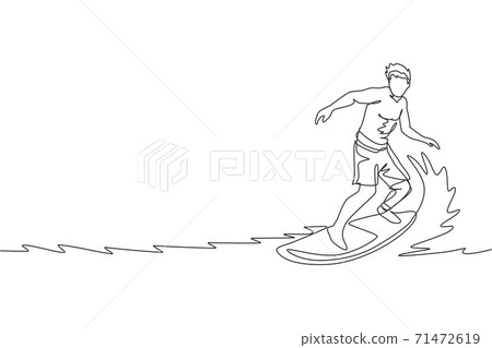 One continuous line drawing young happy tourist surfer exercising surfing on wavy ocean. Healthy extreme watersport concept. Summer holiday. Dynamic single line draw design vector illustration graphic 71472619