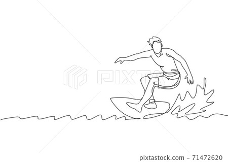 Single continuous line drawing young professional surfer in action riding the waves on blue ocean. Extreme watersport concept. Summer vacation. Trendy one line draw design graphic vector illustration 71472620