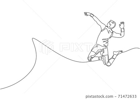One single line drawing of young male professional volleyball player exercising jumping spike on court vector illustration. Team sport concept. Tournament event. Modern continuous line draw design One single line drawing of young male professional volleyball player exercising jumping spike on court vector illustration. Team sport concept. Tournament event. Modern continuous line draw design 71472633