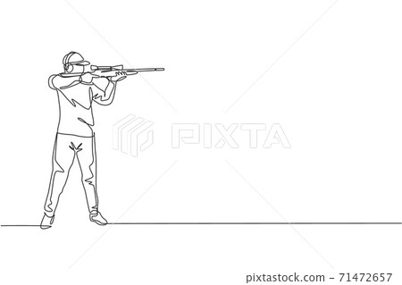 One single line drawing of young man practicing to shot target in range on shooting training ground vector illustration graphic. Clay pigeon shooting sport concept. Modern continuous line draw design 71472657