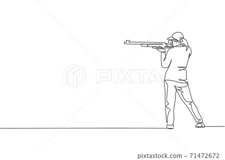 One single line drawing young woman practicing to shot target in range on shooting training ground vector graphic illustration. Clay pigeon shooting sport concept. Modern continuous line draw design 71472672
