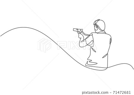 One continuous line drawing of young man on shooting training ground practice for competition with pistol handgun. Outdoor shooting sport concept. Dynamic single line draw design vector illustration One continuous line drawing of young man on shooting training ground practice for competition with pistol handgun. Outdoor shooting sport concept. Dynamic single line draw design vector illustration 71472681