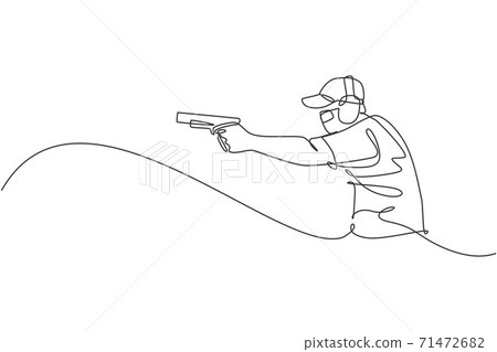 One single line drawing of young man practicing to shot target in range on shooting training ground vector graphic illustration. Clay pigeon shooting sport concept. Modern continuous line draw design One single line drawing of young man practicing to shot target in range on shooting training ground vector graphic illustration. Clay pigeon shooting sport concept. Modern continuous line draw design 71472682
