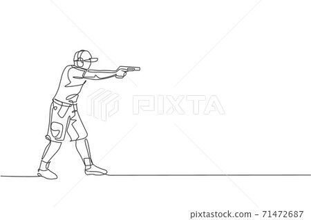 One single line drawing of young man practicing to shot target in range on shooting training ground graphic vector illustration. Clay pigeon shooting sport concept. Modern continuous line draw design One single line drawing of young man practicing to shot target in range on shooting training ground graphic vector illustration. Clay pigeon shooting sport concept. Modern continuous line draw design 71472687
