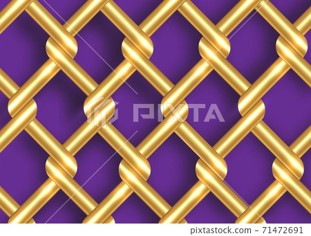 golden metal wire fence template. Gold chains intertwining and overlapping, vector isolated on purple background  71472691