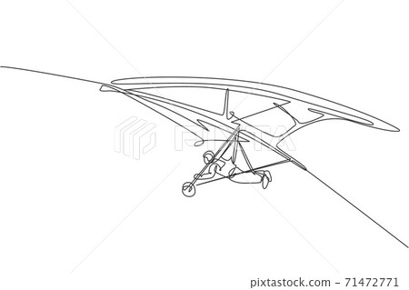 One continuous line drawing of young bravery man flying in the sky using hang gliding parachute. Outdoor dangerous extreme sport concept. Dynamic single line draw design vector illustration graphic One continuous line drawing of young bravery man flying in the sky using hang gliding parachute. Outdoor dangerous extreme sport concept. Dynamic single line draw design vector illustration graphic 71472771