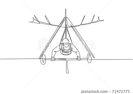 Single continuous line drawing of young tourist man flying with hang gliding parachute on the sky. Extreme vacation holiday sport concept. Trendy one line draw graphic design vector illustration Single continuous line drawing of young tourist man flying with hang gliding parachute on the sky. Extreme vacation holiday sport concept. Trendy one line draw graphic design vector illustration 71472775