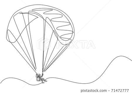 One single line drawing of young sporty man flying with paragliding parachute on the sky vector illustration graphic. Extreme sport concept. Modern continuous line draw design 71472777