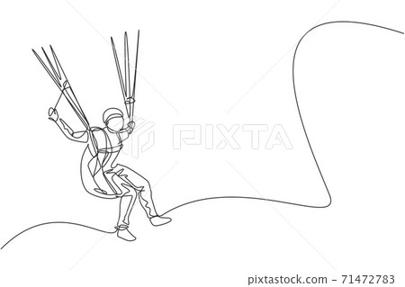 One single line drawing of young sporty man flying with paragliding parachute on the sky vector illustration graphic. Extreme sport concept. Modern continuous line draw design 71472783