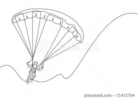 One continuous line drawing of young bravery man flying in the sky using paragliding parachute. Outdoor dangerous extreme sport concept. Dynamic single line draw design vector graphic illustration 71472784