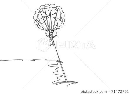 One single line drawing of young sporty man flying with parasailing parachute on the sky pulled by boat graphic vector illustration. Extreme sport concept. Modern continuous line draw design 71472791