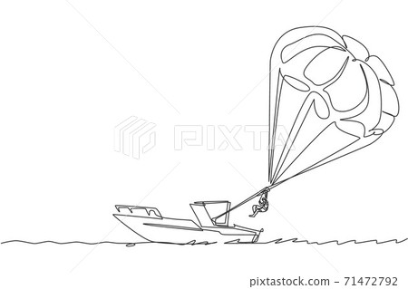 Single continuous line drawing young tourist man flying with parasailing parachute on the sky pulled by a boat. Extreme vacation holiday sport concept. One line draw design vector graphic illustration 71472792
