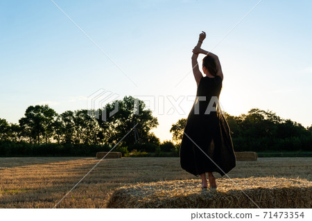 Woman in black long dress looking in camera standing in the field 71473354