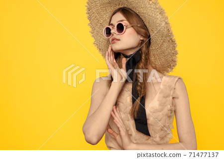 romantic lady in straw hat sunglasses model dress emotions 71477137
