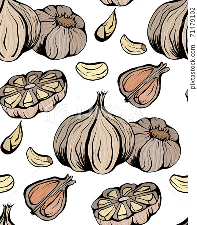 Seamless pattern colorful sketch garlic illustration. Antibacterial product for health. Useful seasoning for cooking. Natural spice. Vector texture Seamless pattern colorful sketch garlic illustration. Antibacterial product for health. Useful seasoning for cooking. Natural spice. Vector texture 71479102