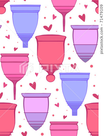 Seamless pattern with colorful outline menstrual cups with hearts and dots on white background. Zero waste objects. Organic health care. Vector texture Seamless pattern with colorful outline menstrual cups with hearts and dots on white background. Zero waste objects. Organic health care. Vector texture 71479109