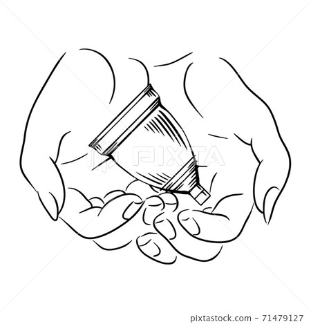 Female hands hold the menstrual cup. Caring for womens health. Zero waste product. Vector contour illustration 71479127