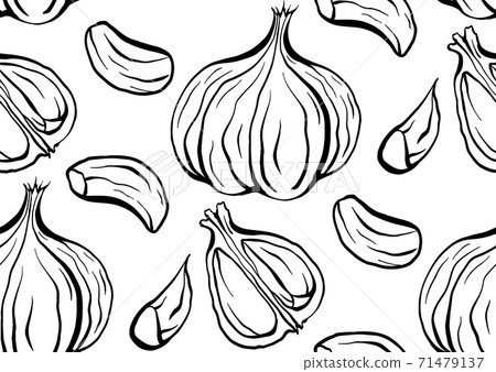 Seamless pattern sketch outline garlic illustration. Antibacterial product for health. Useful seasoning for cooking. Natural spice. Vector texture Seamless pattern sketch outline garlic illustration. Antibacterial product for health. Useful seasoning for cooking. Natural spice. Vector texture 71479137
