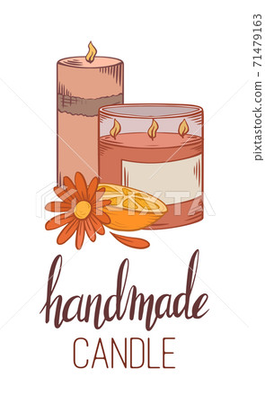 Handmade candles. Vertical card with sketch candles, calendula flower, lemon slice and lettering. Hobbies and hobbies. Vector element Handmade candles. Vertical card with sketch candles, calendula flower, lemon slice and lettering. Hobbies and hobbies. Vector element 71479163