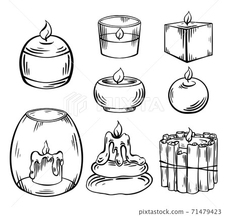Set of relax candles. Black sketch with hatching. Various wax candles with decoration. Vector engraving spa, relaxation elements Set of relax candles. Black sketch with hatching. Various wax candles with decoration. Vector engraving spa, relaxation elements 71479423