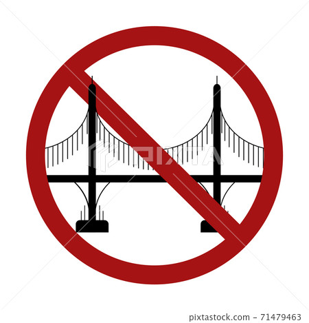 Ban on the construction of bridges. Black silhouette of a bridge on columns in a red sign of prohibition. Vector forbidden sign Ban on the construction of bridges. Black silhouette of a bridge on columns in a red sign of prohibition. Vector forbidden sign 71479463