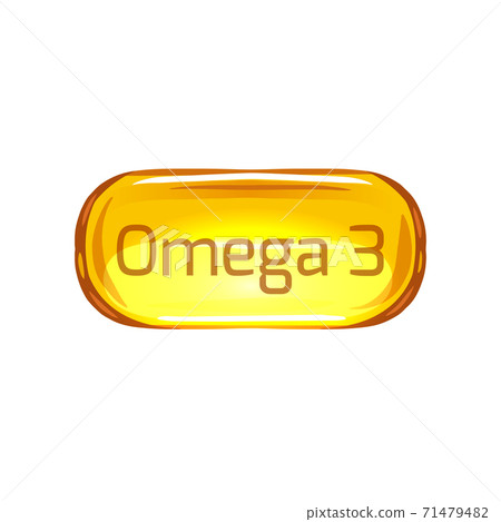 Cartoon fish oil capsule on a white background with lettering. Useful vitamins Omega 3. Vector object Cartoon fish oil capsule on a white background with lettering. Useful vitamins Omega 3. Vector object 71479482