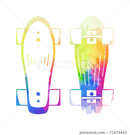 Set of outline illustration of a skateboard top and bottom view with rainbow watercolor splashes. Active lifestyle. Sports hobby. Vector silhouette object Set of outline illustration of a skateboard top and bottom view with rainbow watercolor splashes. Active lifestyle. Sports hobby. Vector silhouette object 71479483