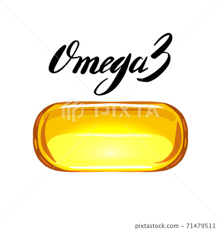 Cartoon fish oil capsule on a white background with lettering. Useful vitamins Omega 3. Vector object with calligraphy Cartoon fish oil capsule on a white background with lettering. Useful vitamins Omega 3. Vector object with calligraphy 71479511