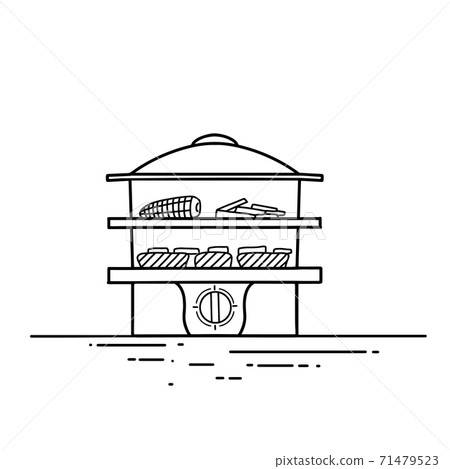 Steamer with vegetables and fish. Contour fashionable illustration of kitchen utensils. Healthy steamed food. Contour vector illustration Steamer with vegetables and fish. Contour fashionable illustration of kitchen utensils. Healthy steamed food. Contour vector illustration 71479523