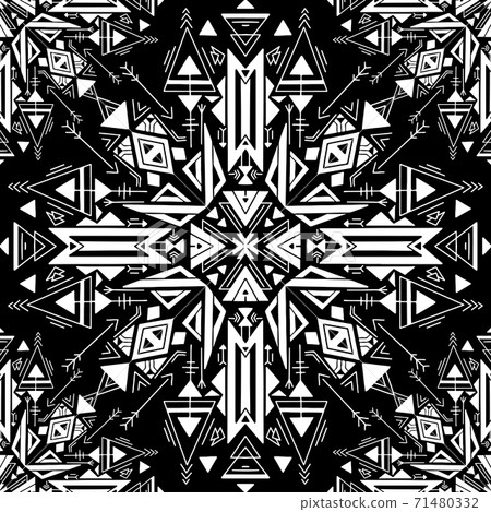 Seamless tribal native texture. White hand drawn tracery folk drawing on black background. Vector boho pattern Seamless tribal native texture. White hand drawn tracery folk drawing on black background. Vector boho pattern 71480332