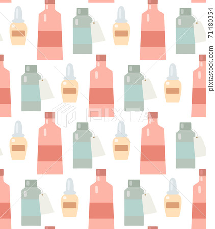 Seamless flat pattern with medicine bottles and potions in a row on a white background. Ointments and balms. Vector texture Seamless flat pattern with medicine bottles and potions in a row on a white background. Ointments and balms. Vector texture 71480354
