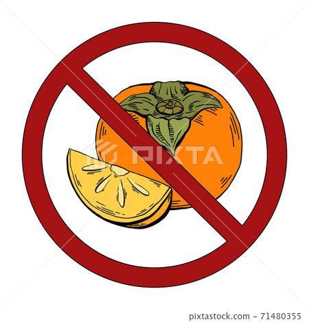 Contour color sketch of a whole persimmon and a piece with hatching in prohibition sign. Ban on allergic food. Vector forbidden outline sign 71480355
