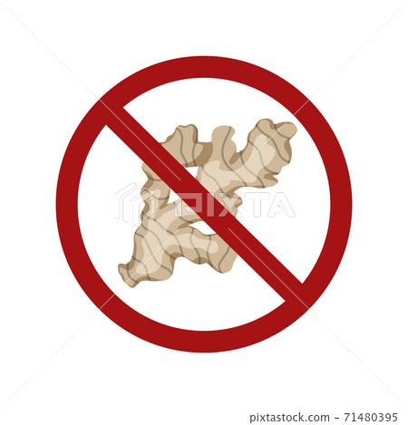 Flat of ginger root in prohibition sign on a white background. Cartoon illustration. Ban on food. Vector forbidden object Flat of ginger root in prohibition sign on a white background. Cartoon illustration. Ban on food. Vector forbidden object 71480395