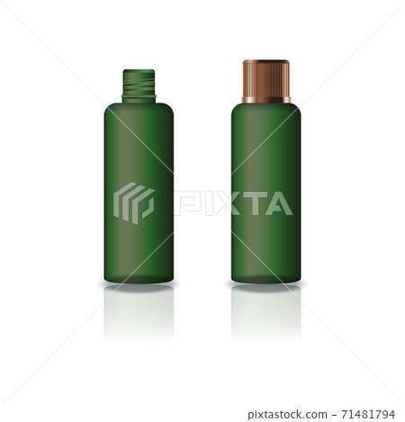 Blank green cosmetic round bottle with grooved copper lid for beauty or healthy product.  71481794
