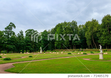 View of lower Dutch garden with marble statues in Gatchina park, Russia 71485170