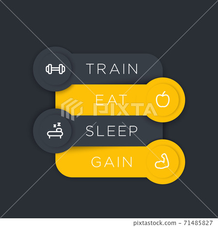 Train, eat, sleep, gain, labels with fitness icons Train, eat, sleep, gain, labels with fitness icons 71485827