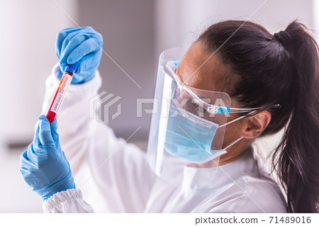 Healthcare employee wearing proper personal protective equipment looks at a positive sample of the Covid-19 blood test Healthcare employee wearing proper personal protective equipment looks at a positive sample of the Covid-19 blood test 71489016