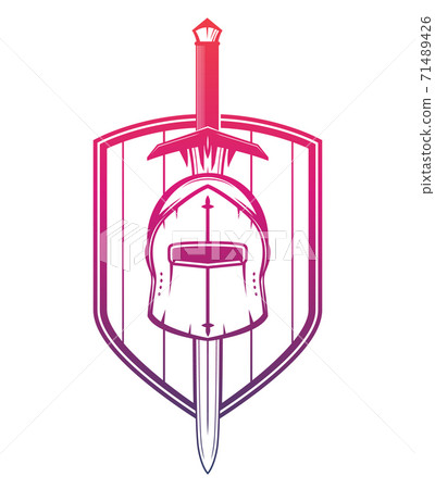 medieval helmet, sword and shield on white medieval helmet, sword and shield on white 71489426