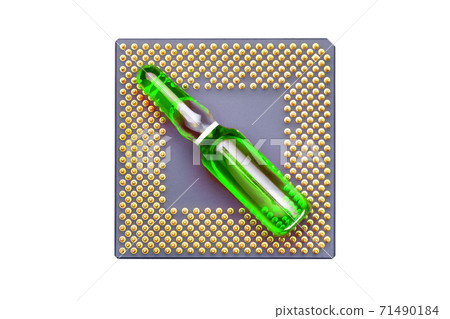 glass ampoule with green fluid for vaccination implantation cpu chip implantation for surveillance and verification human, concept on conspiracy theology theme of coronavirus top view. glass ampoule with green fluid for vaccination implantation cpu chip implantation for surveillance and verification human, concept on conspiracy theology theme of coronavirus top view. 71490184