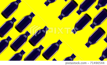 banner pattern cough syrup medical blue glass bottle isolated on yellow background of 16:9. banner pattern cough syrup medical blue glass bottle isolated on yellow background of 16:9. 71490544
