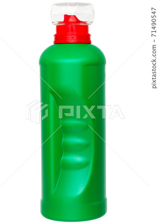 green unlabel plastic bottle for detergent with a transparent cap and a red dispenser, isolated object of shape design on a white background. green unlabel plastic bottle for detergent with a transparent cap and a red dispenser, isolated object of shape design on a white background. 71490547