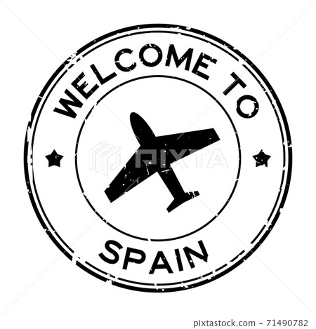 Grunge black welcome to Spain word with airplane icon round rubber seal stamp on white background Grunge black welcome to Spain word with airplane icon round rubber seal stamp on white background 71490782