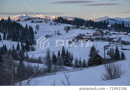 Small alpine village and winter snowy mountains in first sunrise sunlight around, Voronenko, Carpathian, Ukraine. 71491586