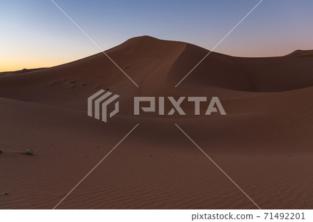 Huge desert dunes of Erg Chigaga, at the gates of the Sahara, al amanecer. Morocco. Concept of travel and adventure. Huge desert dunes of Erg Chigaga, at the gates of the Sahara, al amanecer. Morocco. Concept of travel and adventure. 71492201