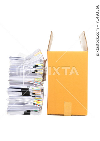 Stack of Documents and corrugated cardboard box isolated on white background. Stack of Documents and corrugated cardboard box isolated on white background. 71493366