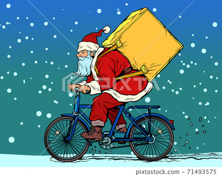 Christmas delivery of gifts and purchases. Santa Claus courier on a Bicycle Christmas delivery of gifts and purchases. Santa Claus courier on a Bicycle 71493575