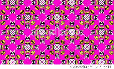 Dog in pixel sunglasses on pink neon background. Pattern 71493611