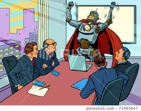 Robot superhero at a business meeting. The concept of evolution and technological development Robot superhero at a business meeting. The concept of evolution and technological development 71493647