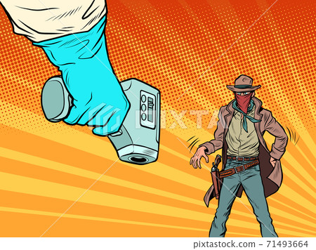 Duel with the coronavirus. Humorous concept. Temperature test Duel with the coronavirus. Humorous concept. Temperature test 71493664